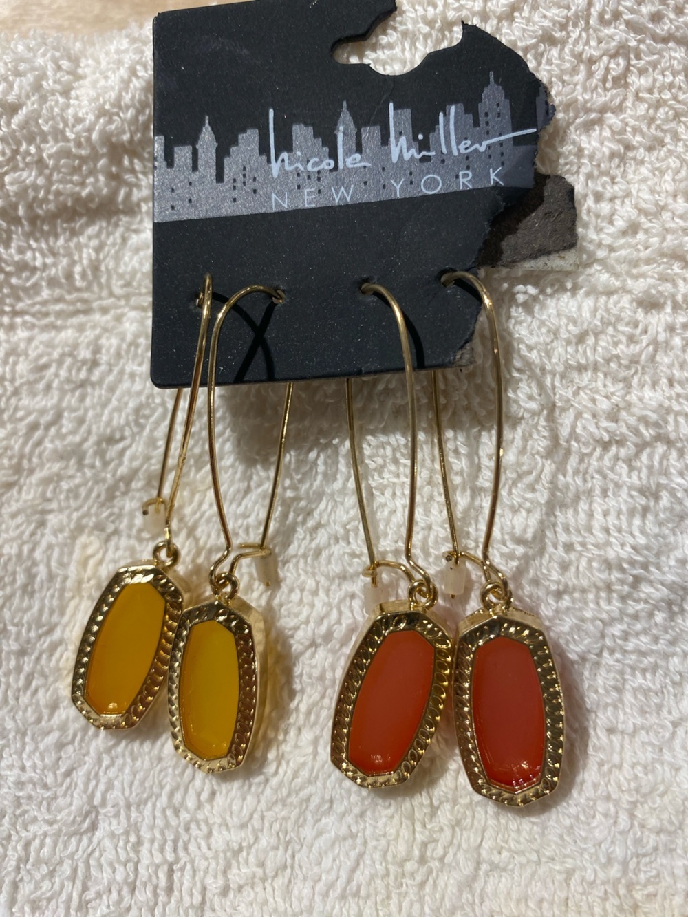 Two Nicole Miller Gold-Tone Drop Earrings with Yellow and Orange Stones (RR)